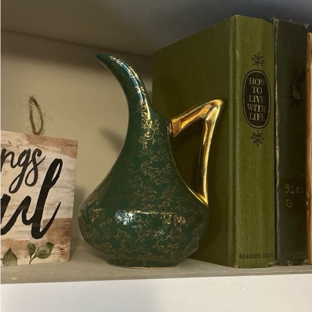 Vintage Pearl China Co. 22kt Gold and green small pitcher vase, bookshelf decor